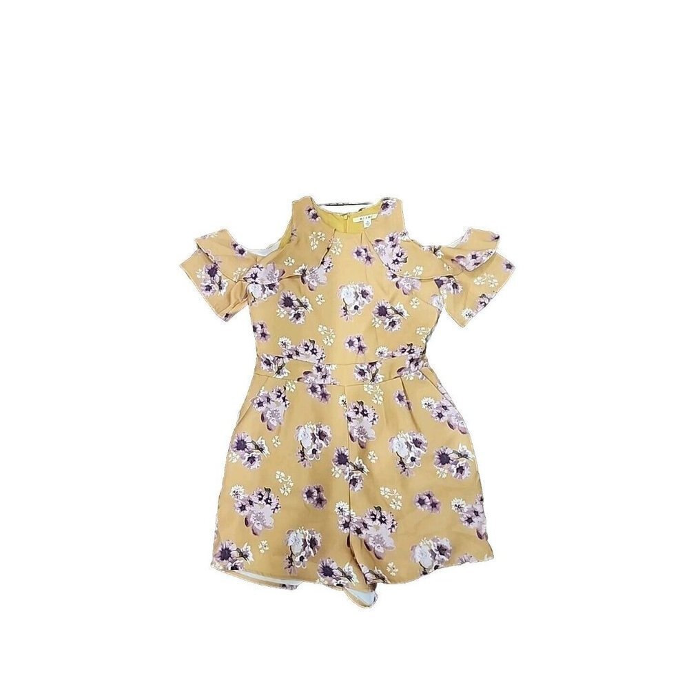 Francesca's Miami cold shoulder Short Sleeve Gold floral shorts romper, Medium - Picture 1 of 8